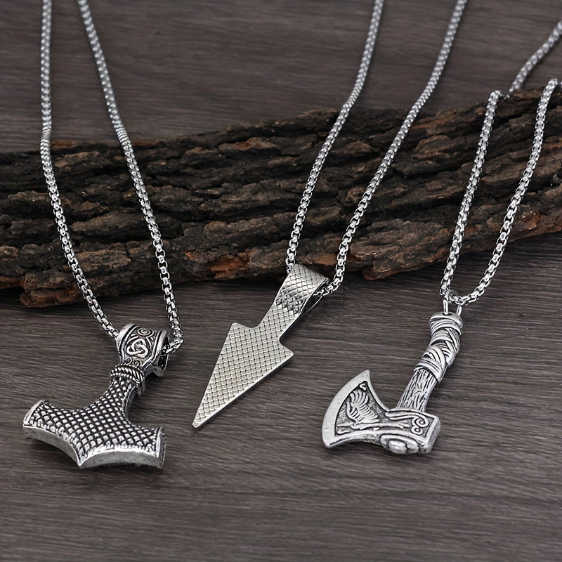 Men's Viking Necklace Set with 3 Pieces - includes Viking Hammer, Nordic Compass, Celtic Knot, Wolf Axe Pendants. This Nordic Amulet Pendant Necklace makes the perfect holiday jewelry gift.