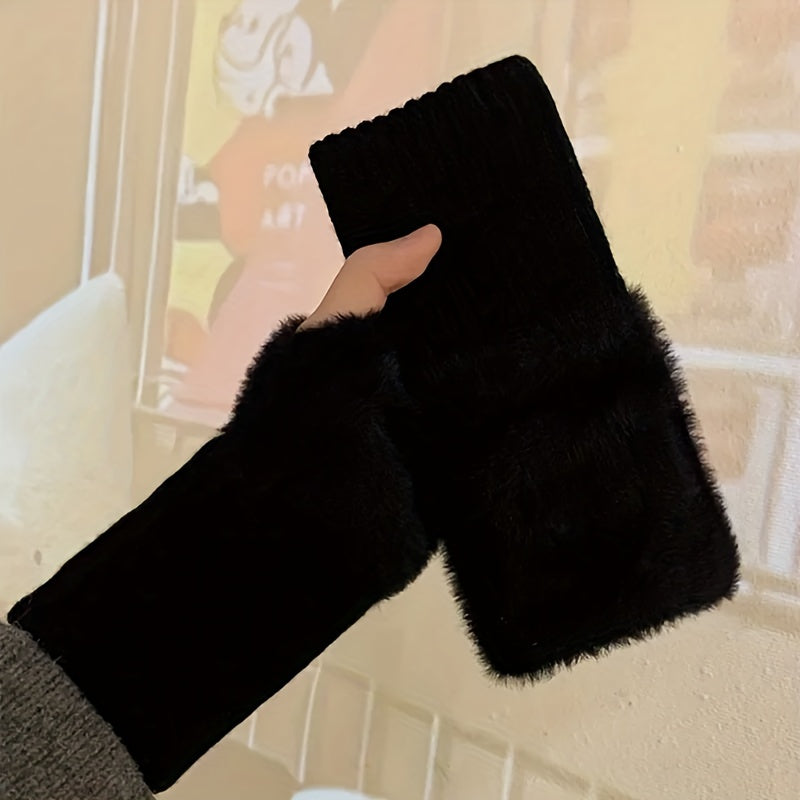 Acrylic Plush Fingerless Mittens for Women - Stay Warm and Stylish with this Cute and Cozy Pair, Perfect for Office, Study, or Casual Weekends. Features Knitted Elastic Wrist for a Comfortable Fit. Hand Washable and Ski-Ready for Your Winter Adventures.