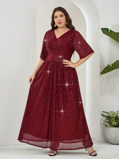 Elegant plus-size sequin maxi dress with v-neck and half sleeves. Made of non-sheer polyester with zip detail. Suitable for all seasons.