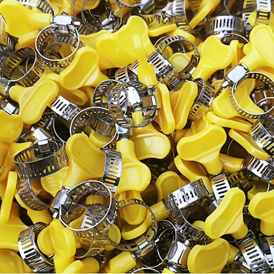 Twist-On Hose Clips: 12 Stainless Steel Clamps with Yellow Plastic Handles, Ideal for Plumbing and Automotive Repairs.