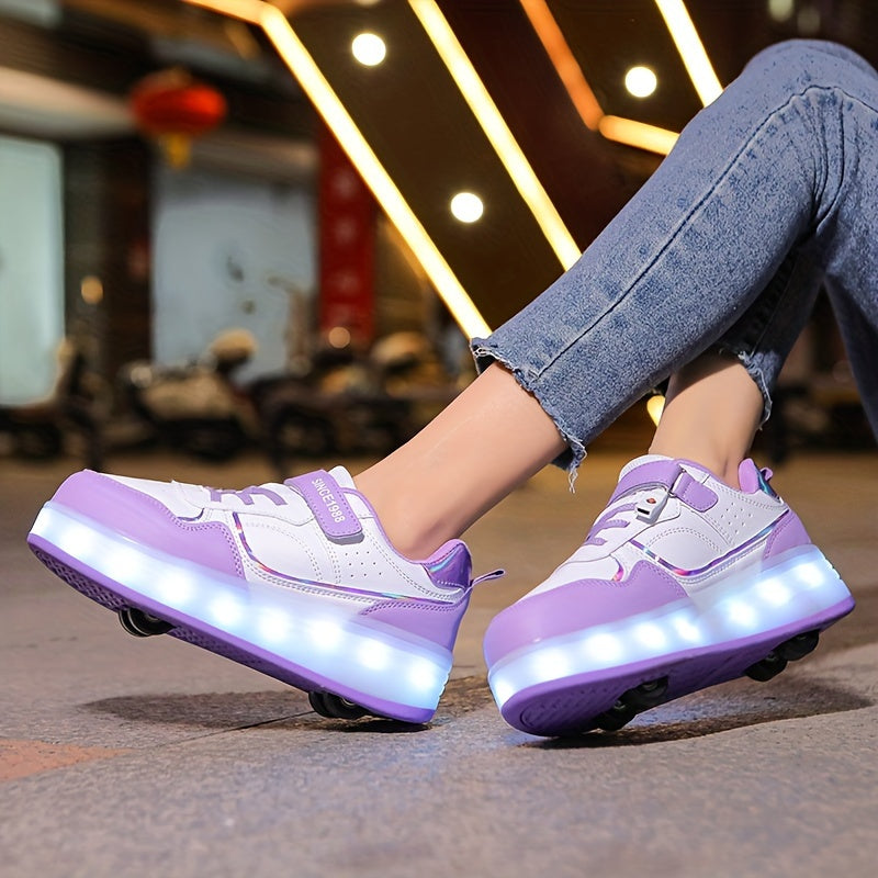 LED Light-Up Roller Skates for girls in Purple & White. Adjustable strap, Lightweight & Breathable. Ideal for outdoor fun and street style. Trendy youth sneakers with Pu Upper Skates.