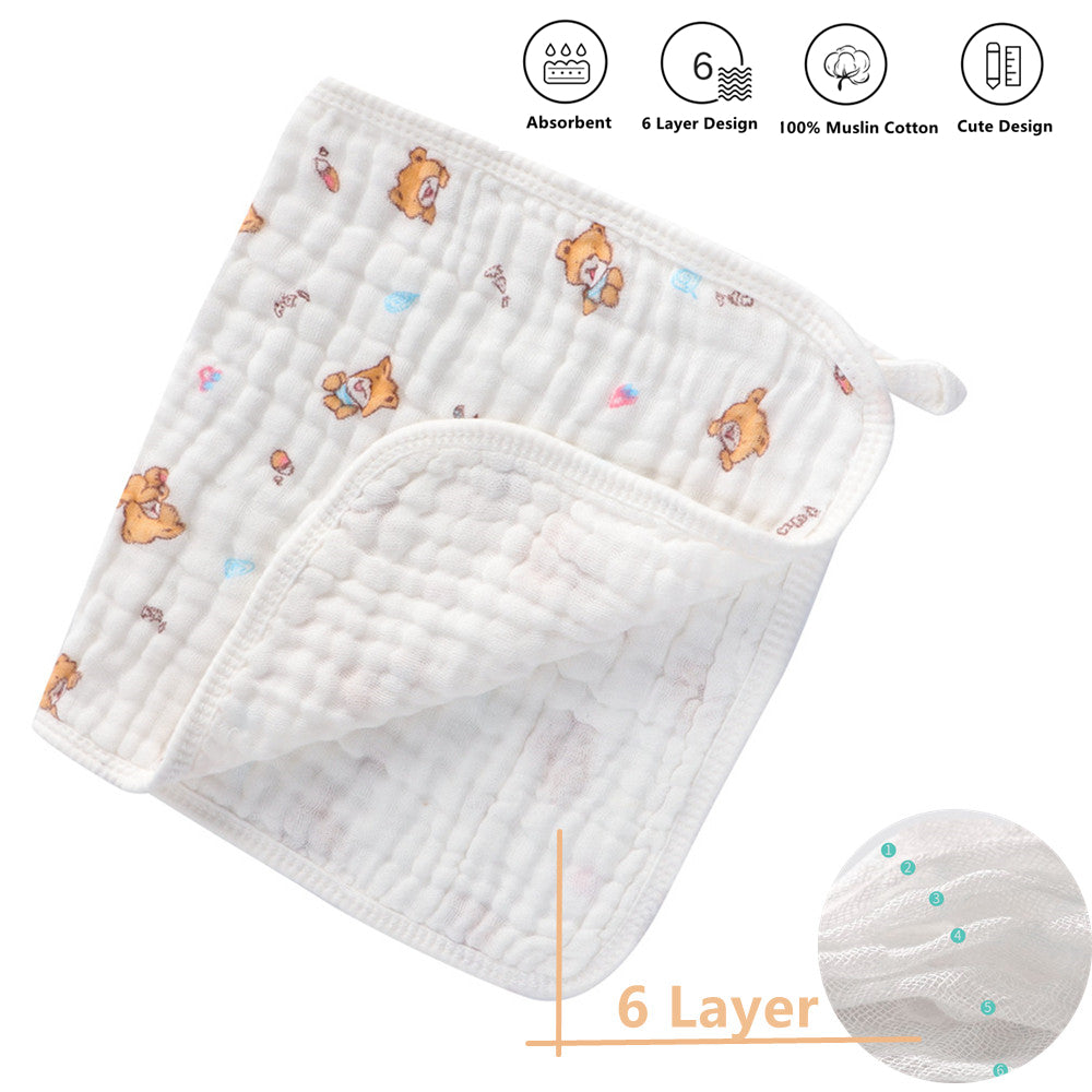 Baby burp cloths made of muslin for boys and girls, each measuring 50.8cmX25.4cm. Featuring 6 layers for extra thickness and super soft absorbency. Each pack contains 5 pieces.