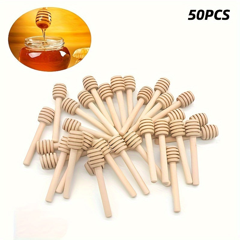 Mini Wooden Honey Spoons available in quantities of 10, 30, or 50. These long-handled wooden spoons are perfect for stirring honey in bars or jars, as well as mixing milk tea or desserts in the kitchen. A versatile tool for any honey lover's collection.