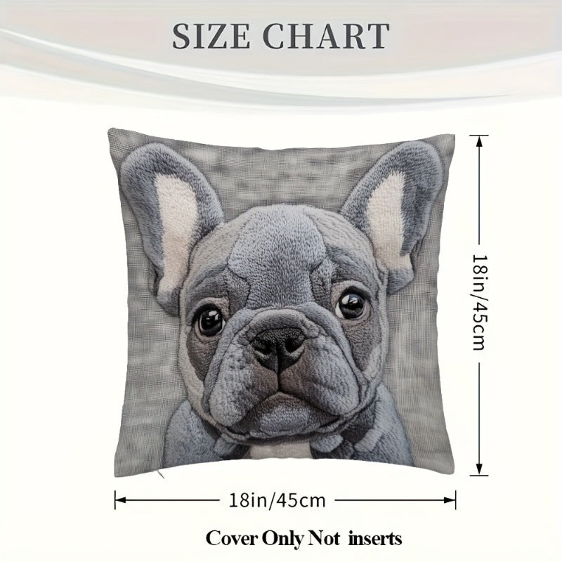 Grey Bulldog design throw pillow cover - 45.72x45.72cm, soft linen, machine washable with zipper closure. Ideal for home, office, or party decor.