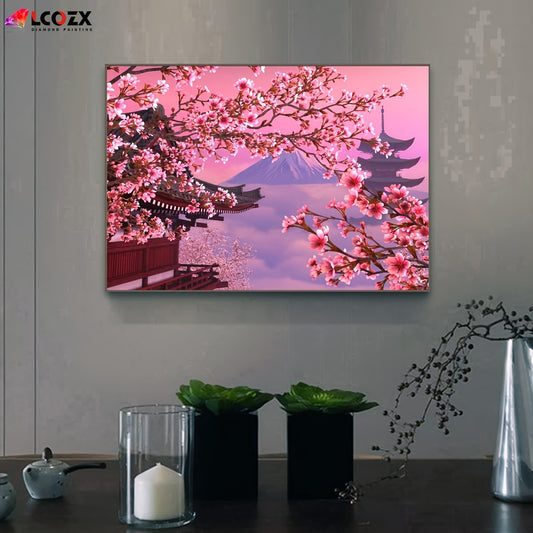 1pc Sakura Artificial Diamond Painting Kit featuring Japanese Fuji Mountain and Cherry Blossom Flowers in DIY Pink Rhinestones. Perfect for home decor and gifting, measuring 29.97*39.88cm.