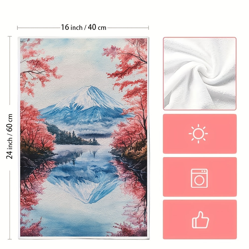 Set of 2 Ultra Plush Kitchen Towels featuring Mt. Hachiroku & Cherry Blossom Patterns, Super Absorbent Dish Towels, Easy to Clean, 40.64x60.96 cm - Perfect for Festive Home Decor