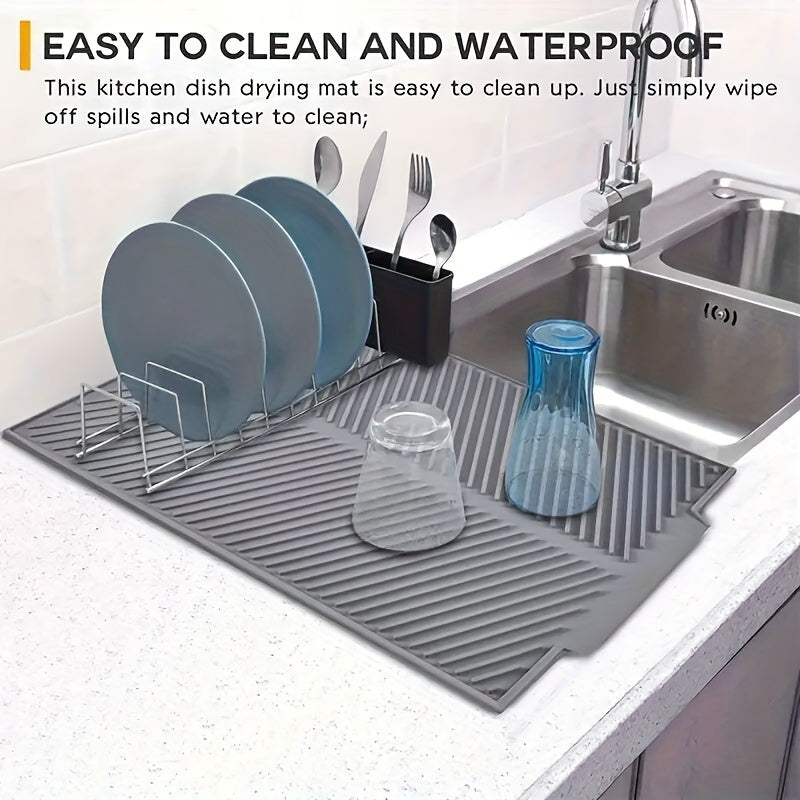 Large silicone dish drying pad for countertops, heat-resistant and absorbent. Can also be used as a soft faucet pad, washstand cup mat, anti-water bathroom accessory. Perfect for use in kitchens and restaurants.