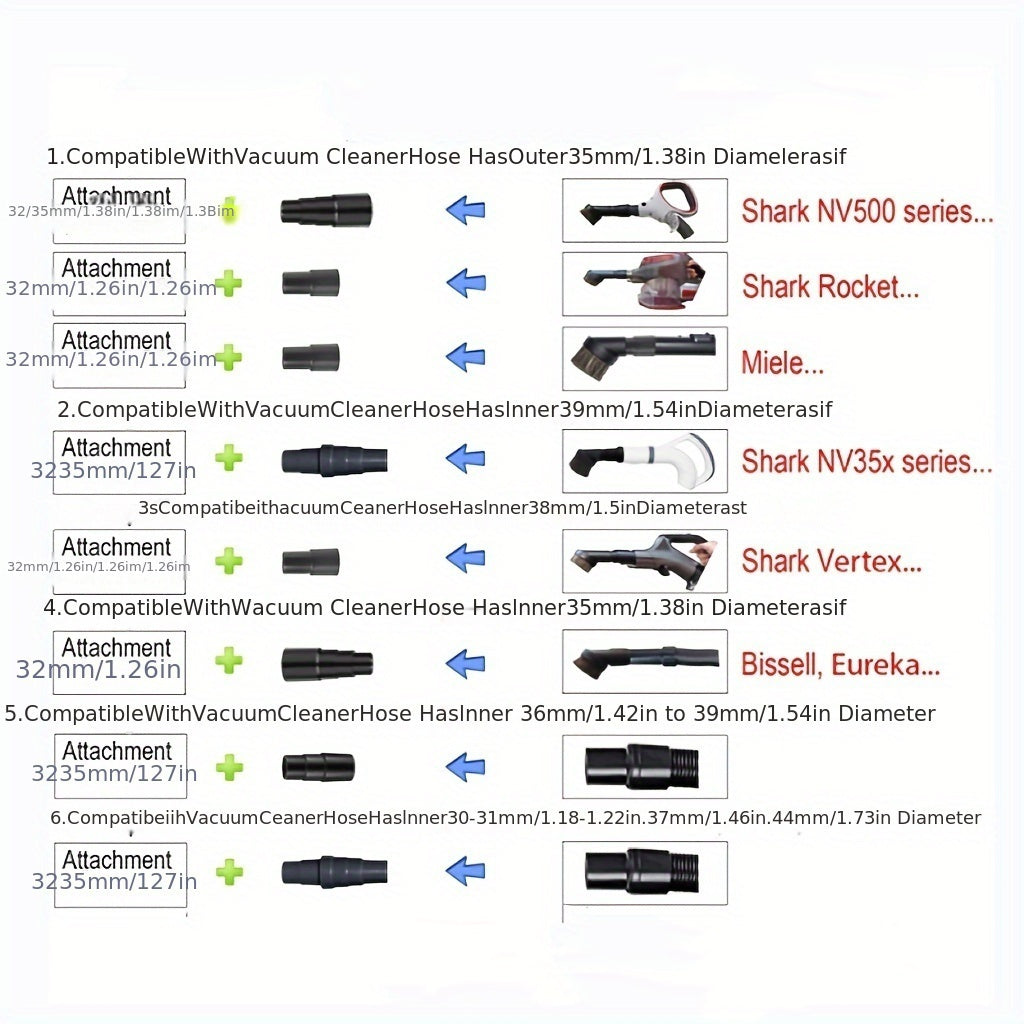 Universal Vacuum Hose Adapter Kit includes 5 pieces of converters, allowing for easy conversion from 3.81cm to 3.81cm and from 4.45cm to 3.25cm dust hose port adapters.