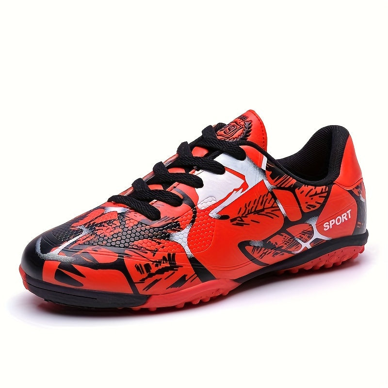 Men's youth soccer cleats in black & red, lace-up with rubber sole, EVA insole. Ideal for training and casual play. Soccer shoes with lace-up cleats and rubber base.