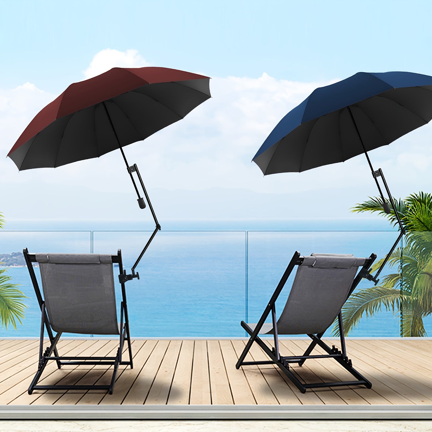 Portable sun umbrella with UPF50+ protection, adjustable clamp, manual open/close, UV-resistant polyester fabric, iron shaft - ideal for beach chair, golf cart, stroller.