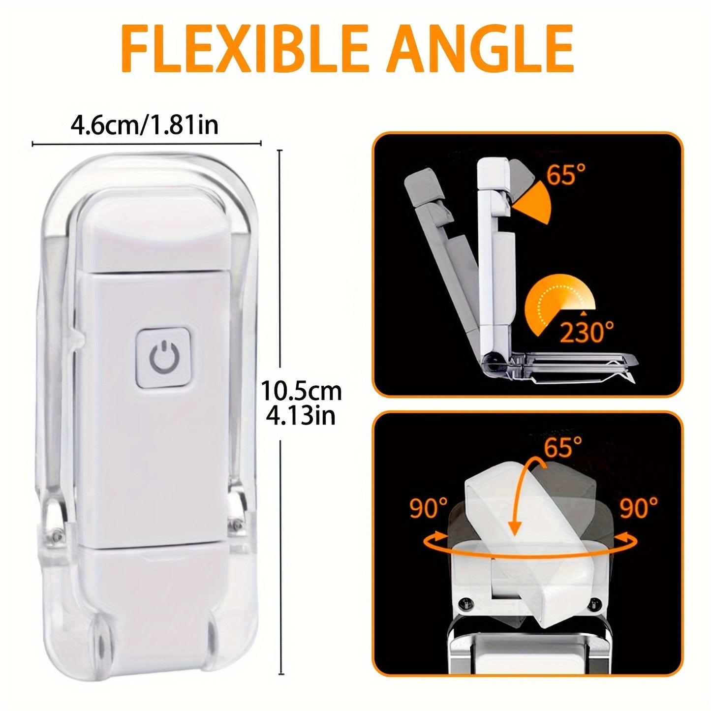 USB rechargeable reading light with eye protection, adjustable brightness levels, clip-on book lamp, ideal for night readers.