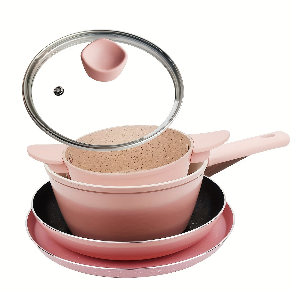 Pink 6-piece Non-Stick Cookware Set - Contains Pancake Pan, Soup Pot, Mini Wok & Silicone Spatula - Suitable for Both Electric and Gas Stoves.