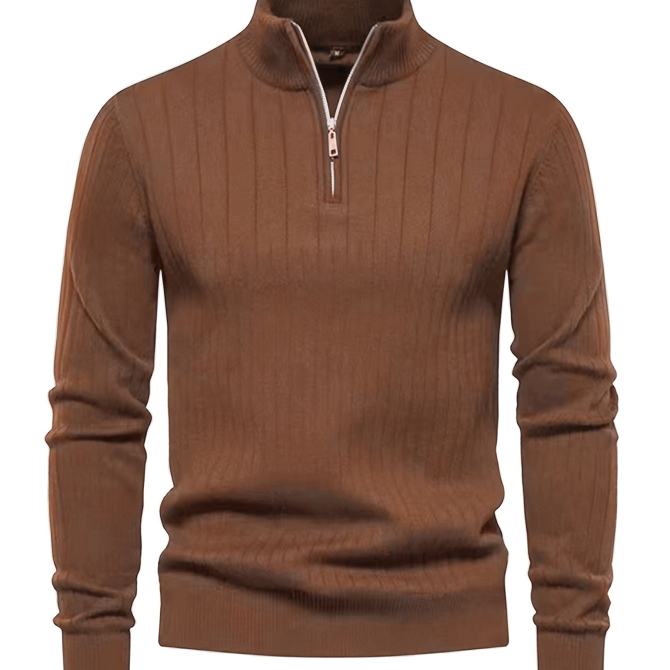 Men's stand collar zip-up sweater made of viscose blend with solid color, long sleeves, and regular fit, suitable for all seasons.