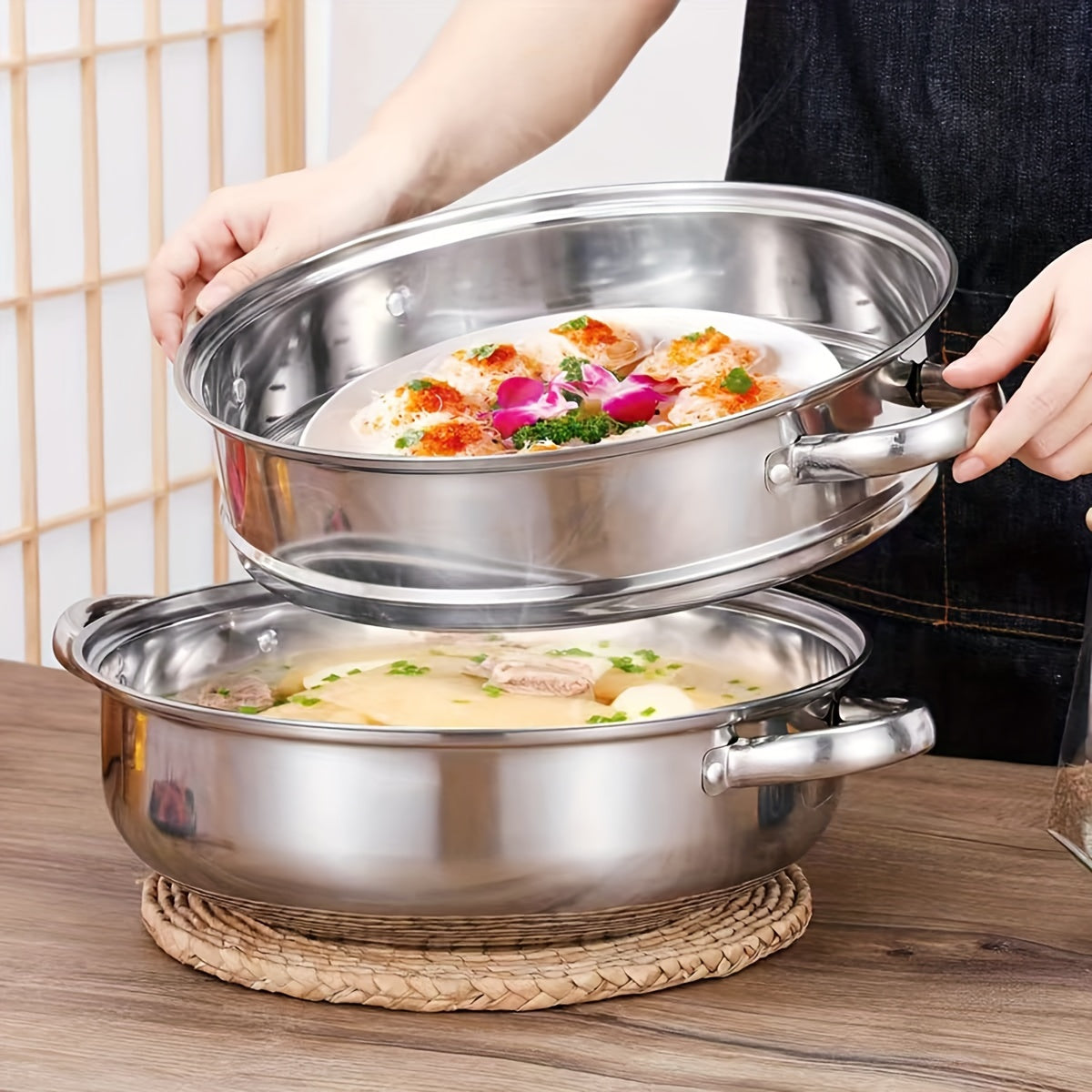 Two-Tier Stainless Steel Steamer Pot Set with Glass Lid - Stackable Saucepans, Induction Stovetop Ready, Ideal for Steaming Food and Vegetables