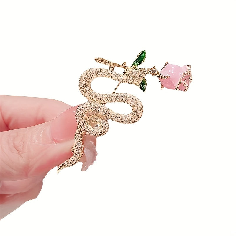 Stylish Rose Bouquet & Serpent Brooch - Exquisite Rhinestone Detailing, Ideal for Sweaters and Suits