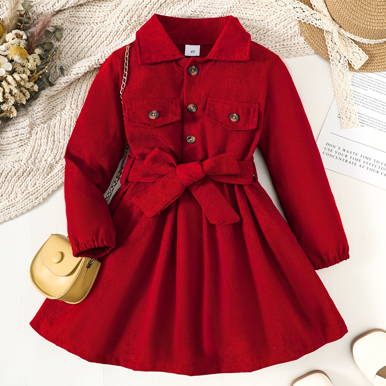 Toddler Girls' Solid Half Button Lapel Dress With Bow Belt for Parties and Winter Events