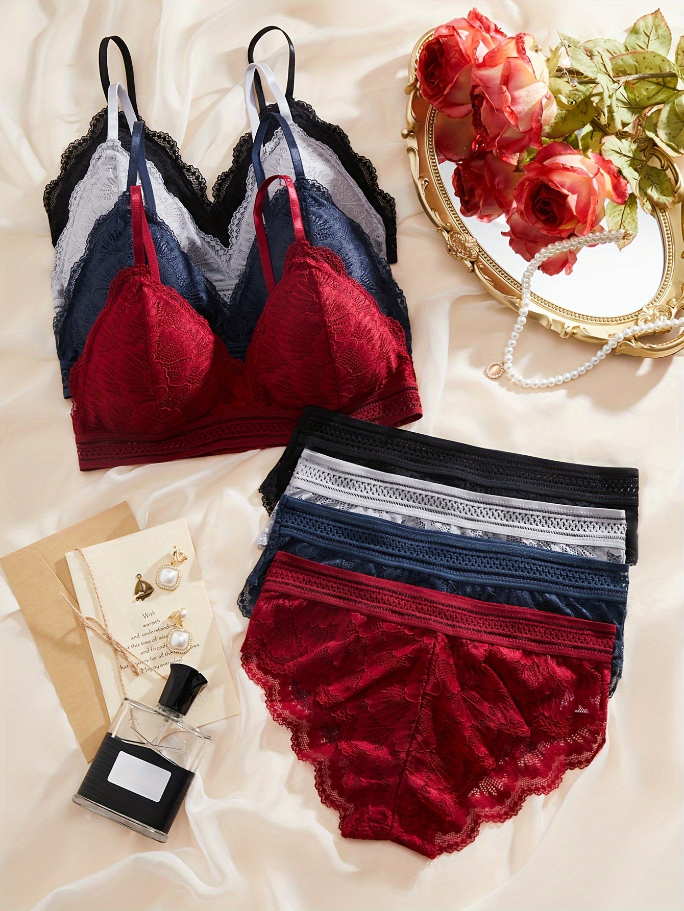 Valentine's Day lingerie sets with lace bras, wireless bras, and scallop trim panties for women.