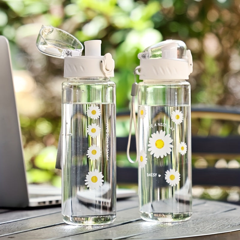 Portable large capacity plastic water bottles with sun and flowers design, leakproof BPA-free tumblers for camping, easy-to-carry, gift-friendly cups.