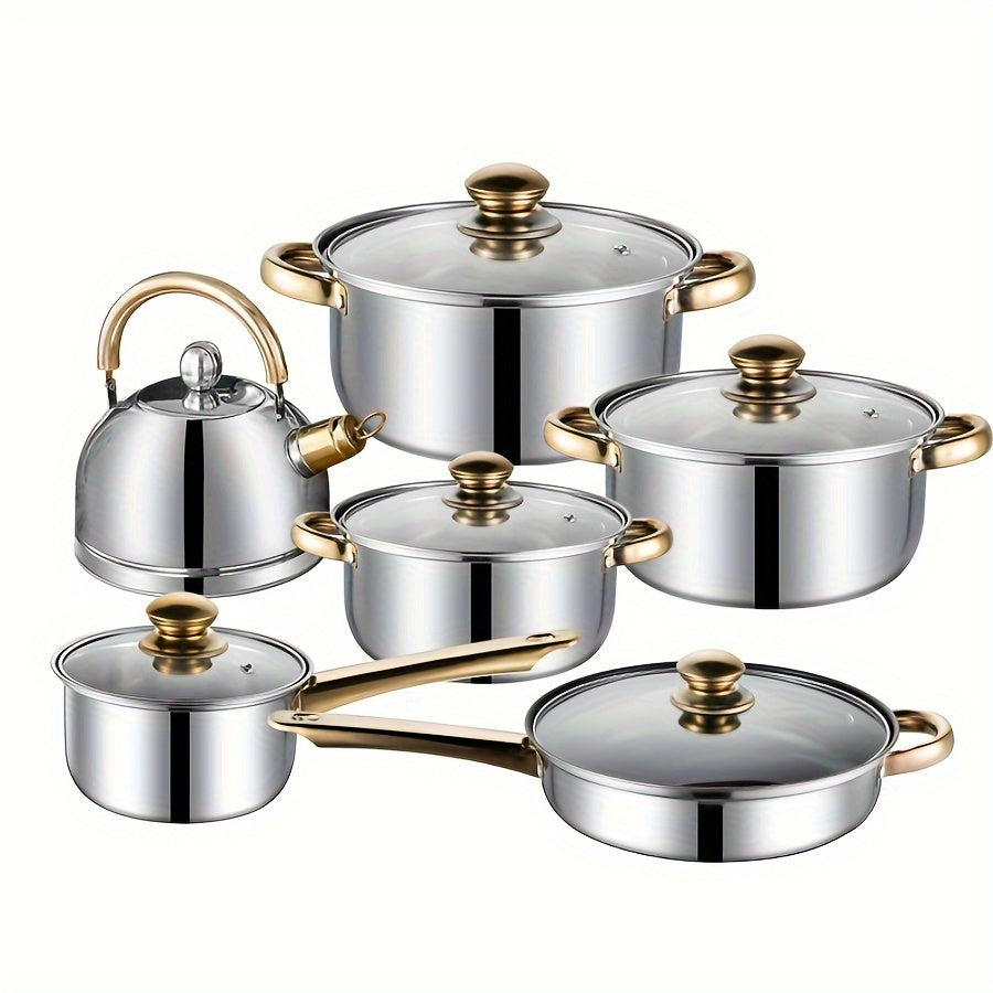 Stainless Steel Cookware Set of 12 Pieces with Elegant Golden Handles, Includes Kettle for Kitchen and Cooking, Perfect for Cross-border E-commerce