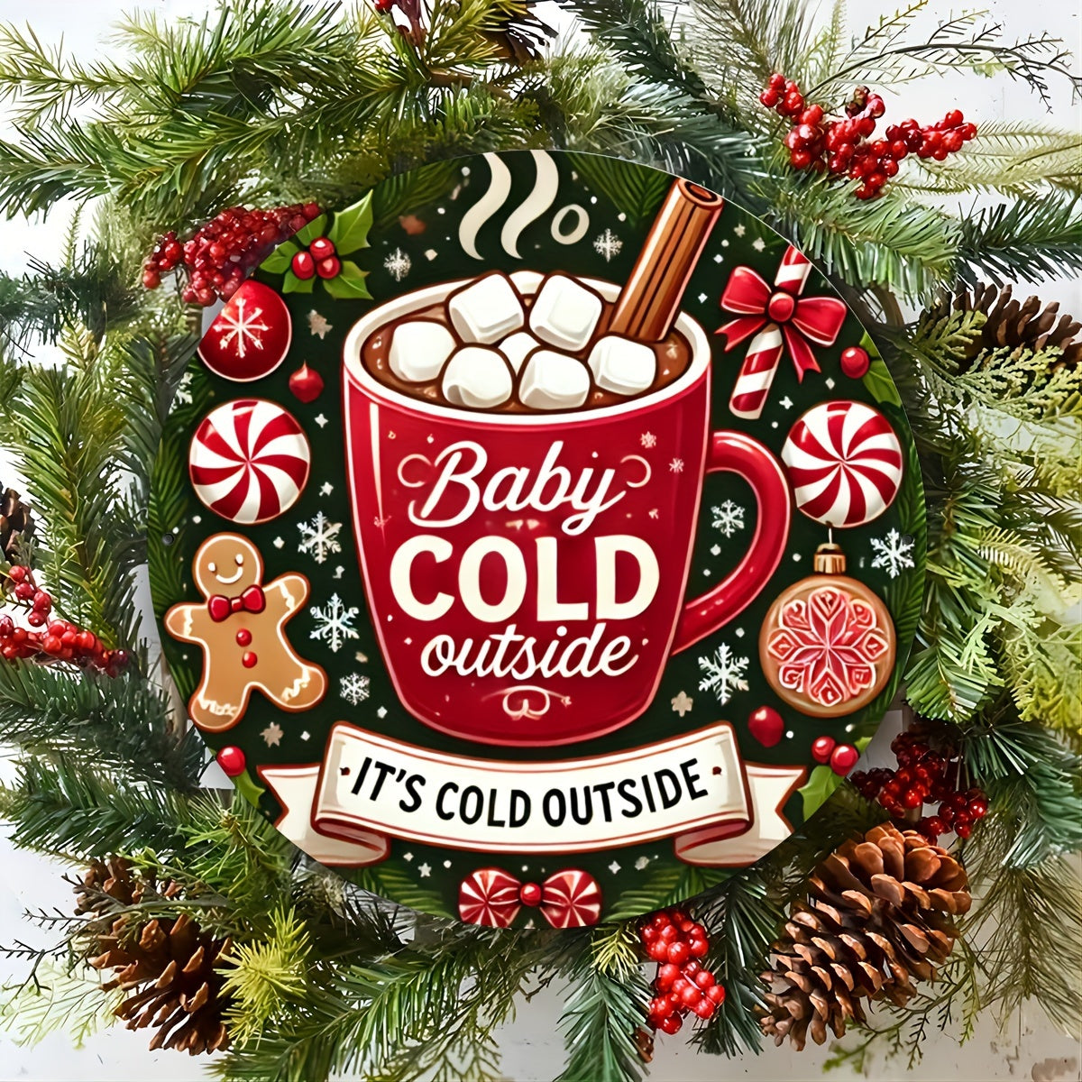 1 piece of 8x8 inch (20x20cm) round tin sign featuring a charming gingerbread baby design with the phrase "Baby It's Cold Outside." This metal sign is perfect for adding a festive touch to your home, cafe, or bar decor. It also makes a unique and