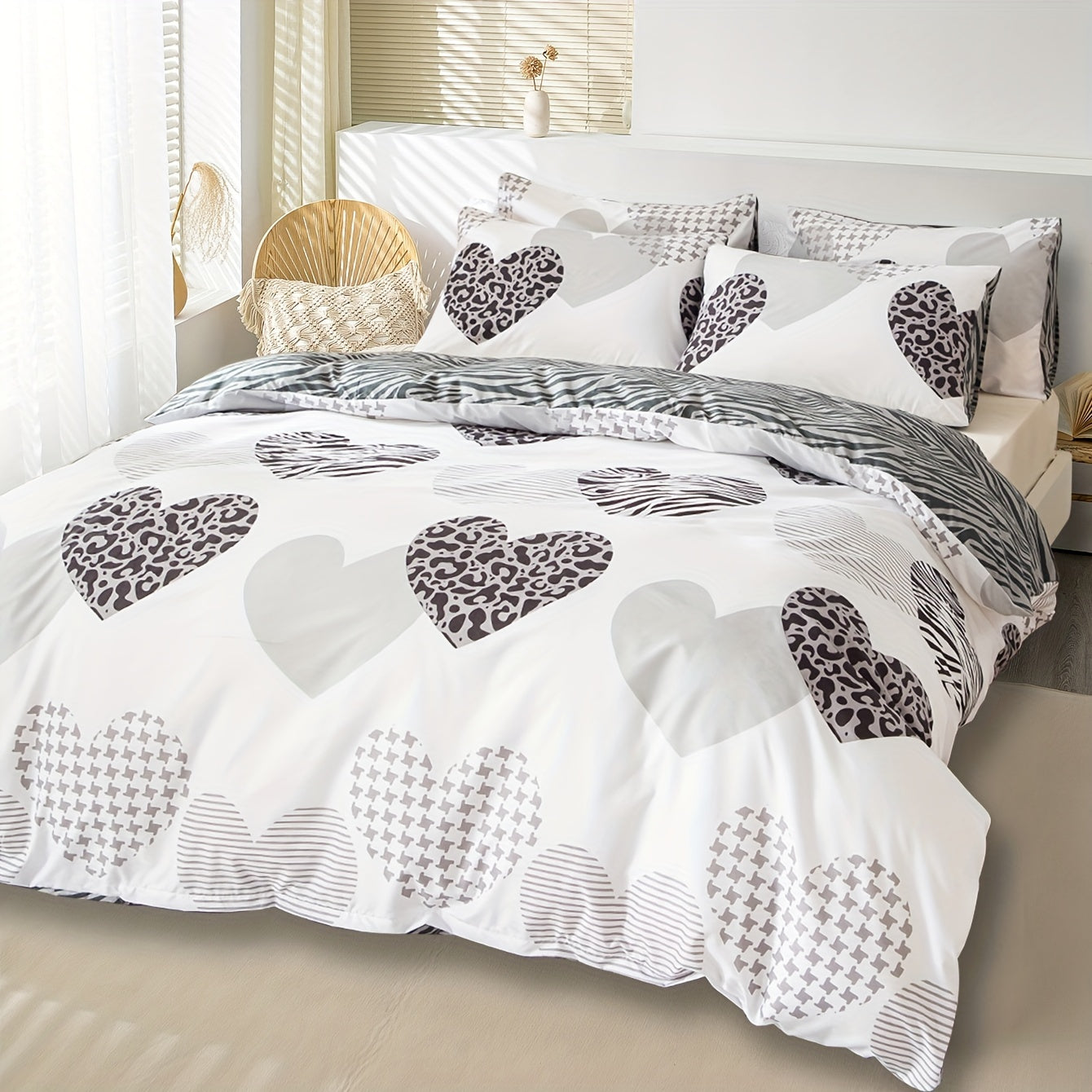 3-piece Duvet Cover Set with Fashionable Love Leopard Print, Includes 1 Duvet Cover and 2 Pillowcases (Core not included). Soft and Comfortable Bedding Set for Bedroom or Guest Room.