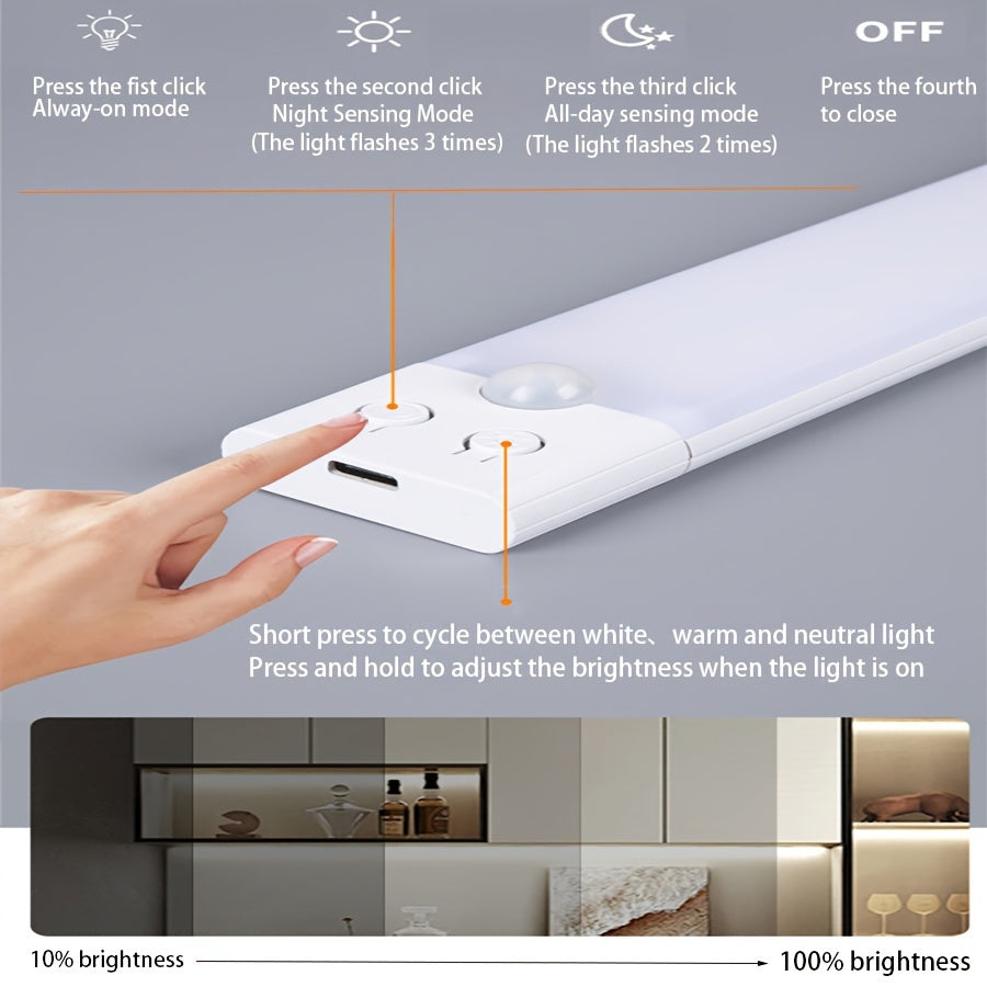 Rechargeable LED motion sensor wall light with adjustable lighting, button control, and infrared sensing. Great for cupboards, closets, and stairways.