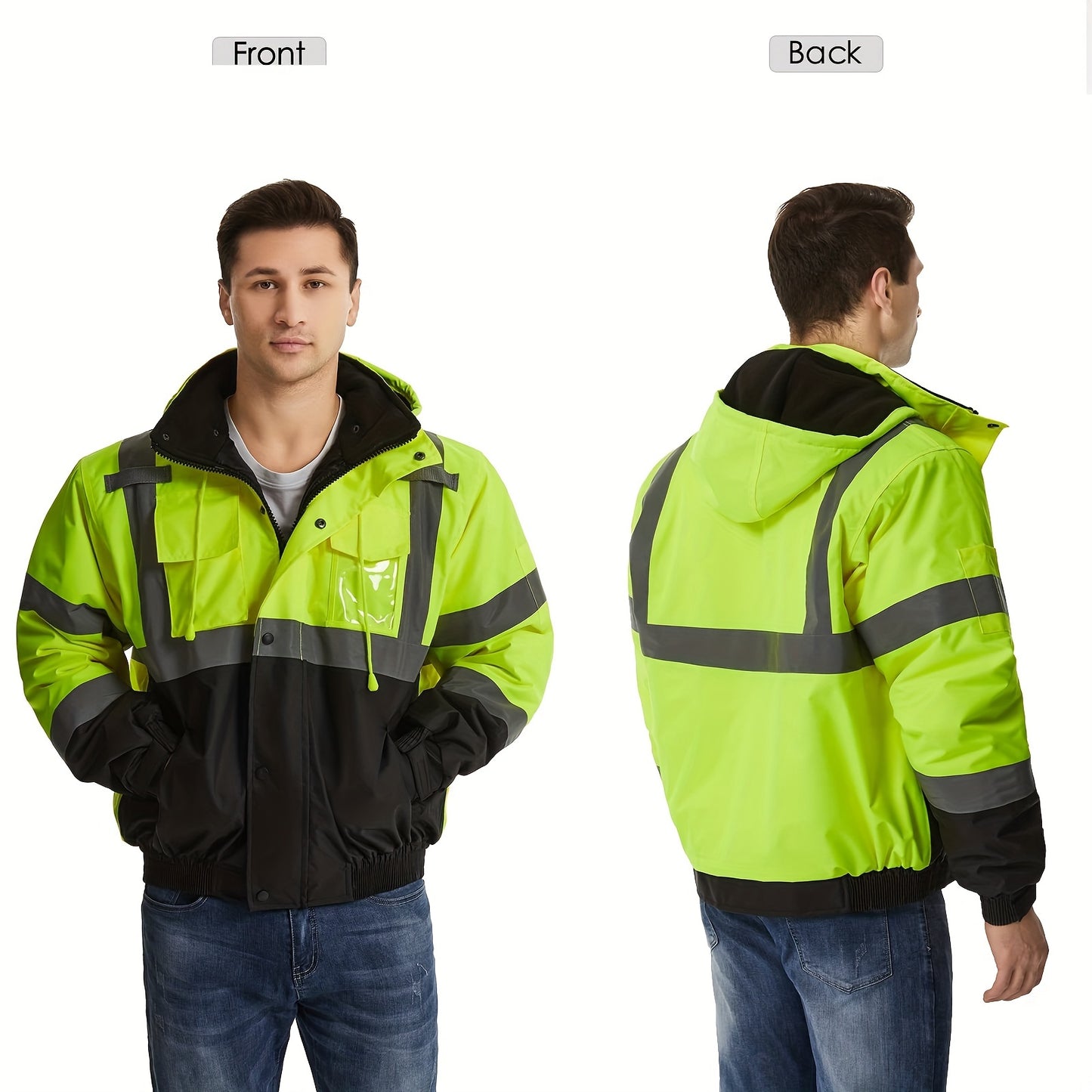 High visibility reflective safety jackets with pockets for men and women, waterproof and suitable for cold weather construction work. Work coats by DP Safety.