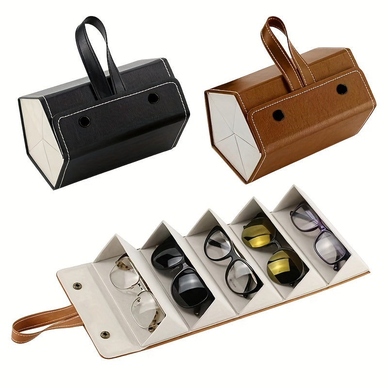 Travel organizer for sunglasses with 2/3/5 slots, featuring a folding design. Keep your eyeglasses organized in this storage case box with multiple hanging options for easy display.