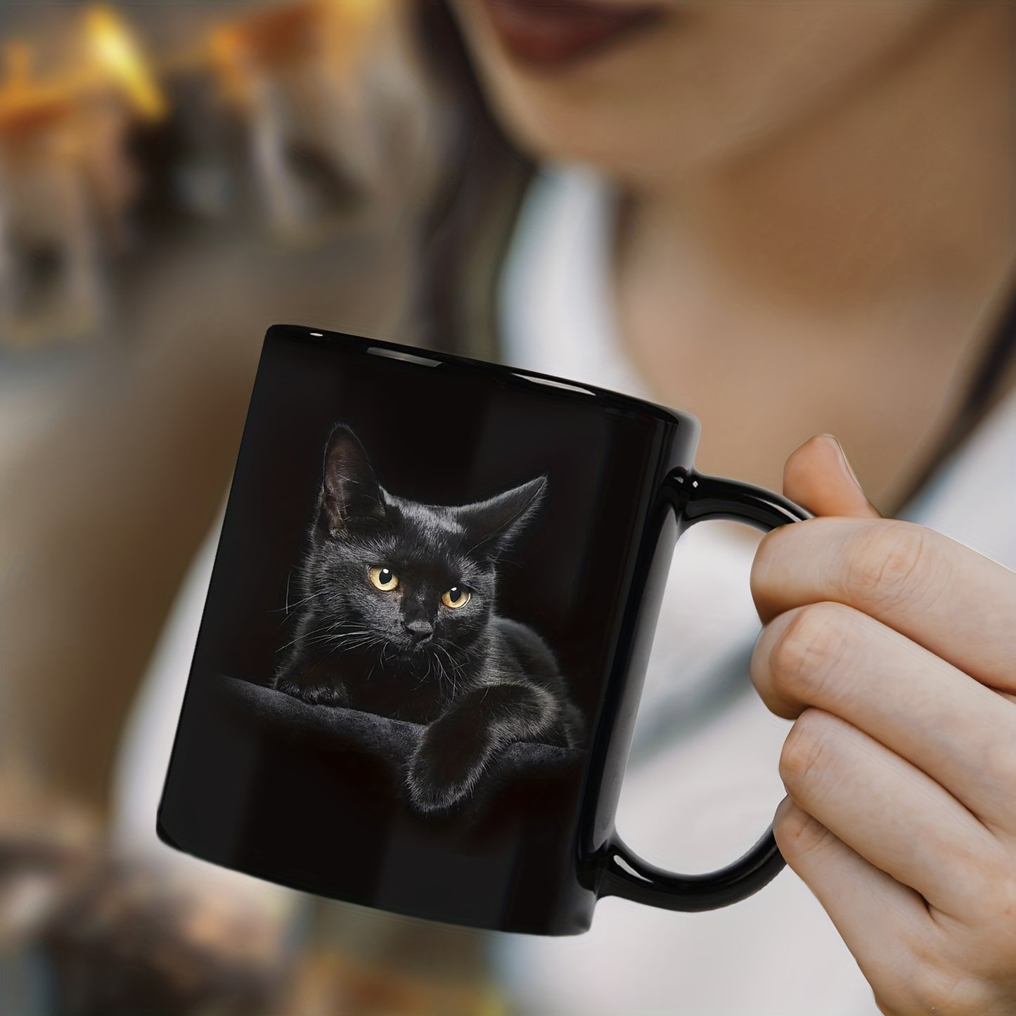 Cute 3D print ceramic coffee mug featuring a charming black cat design. Ideal gift for cat lovers. Durable 11oz cup with a glossy finish, perfect for birthdays and holidays. Hand-wash only.