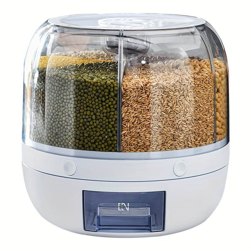 Large capacity rotating rice bucket with multiple grids for storing cereals and grains. This moisture-proof and insect-proof sealed container is perfect for rice, flours, dog food, and pet food. Keep your household airtight with this convenient rice