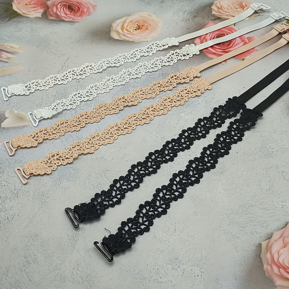 Floral bra straps in beige, white, and black with metal clasps, adjustable and made of polyester fabric; women's fashion accessory for lingerie.