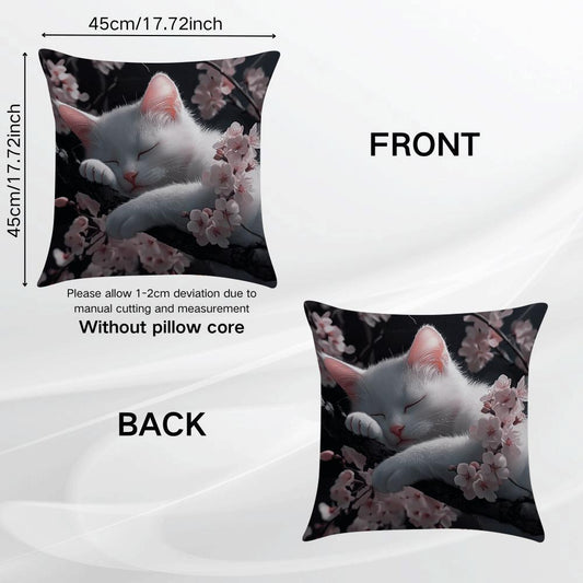 White Cat and Cherry Blossoms Cushion Cover - 1 piece, 45.01cm, Machine Washable with Zip Closure - Perfect Decorative Pillow Case for Sofa, Living Room, and Bedroom. Ideal for Summer and Fall Decor (Cushion Not Included)