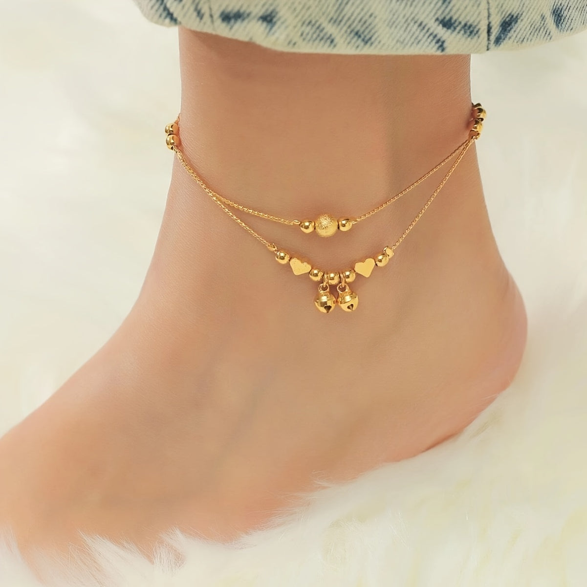 Classic and Elegant 24K Gold Plated Double Strand Anklet with Heart Charms and Bells, Made of Copper, No Mosaic Design, Perfect for Women, Ideal Fashion Jewelry for Weddings, Parties, and Year-round Wear