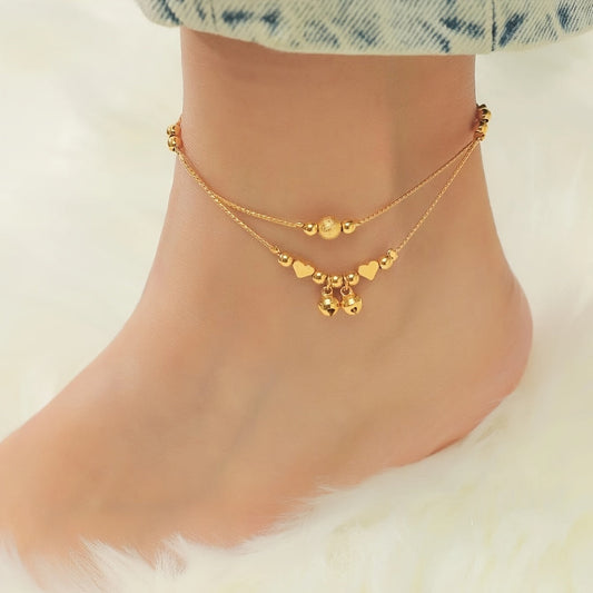 Classic and Elegant 24K Gold Plated Double Strand Anklet with Heart Charms and Bells, Made of Copper, No Mosaic Design, Perfect for Women, Ideal Fashion Jewelry for Weddings, Parties, and Year-round Wear