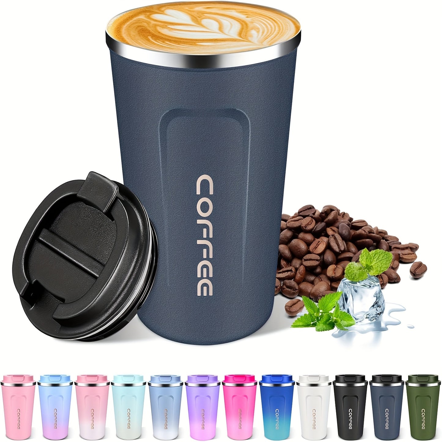 Stainless steel insulated coffee mug in various colors - leakproof, dishwasher safe with lid. Keeps drinks hot or cold. Perfect for office, reading, camping. Great gift for men and women.