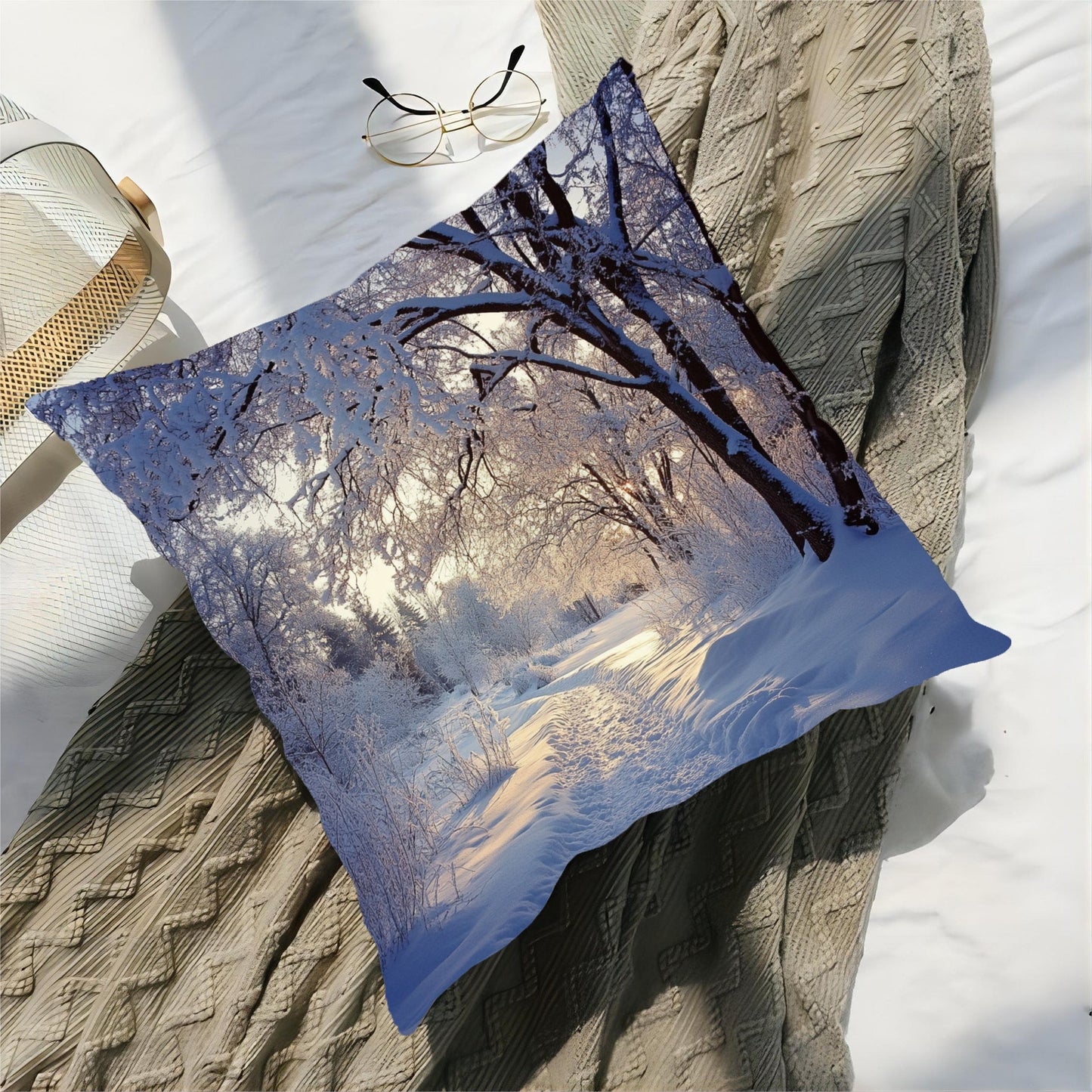 Stay cozy with our Winter Wonderland Snow Scene Throw Pillow Cover, measuring 45.72x45.72 cm. Made of contemporary short plush polyester, this machine washable pillowcase features a zippered design for easy cleaning. Suitable for various room types, this