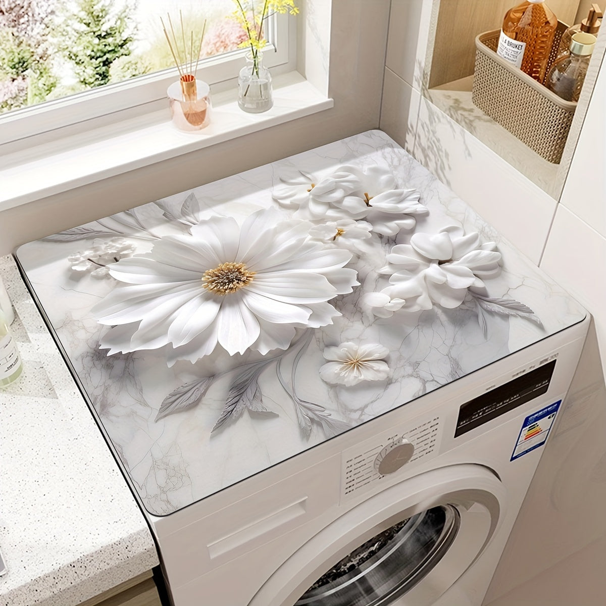 Cover your microwave, refrigerator, and washing machine with this White Floral Print Dust Cover Mat. This quick-dry and absorbent countertop pad is perfect for use in the laundry and kitchen. The size of the mat is 50.04x59.94 cm.