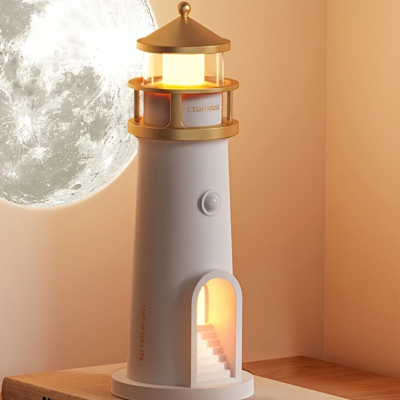 Lighthouse night light with moon projection, body sensing switch, long-brightness function, versatile for various settings, and comes in sealed packaging for a more elegant presentation.