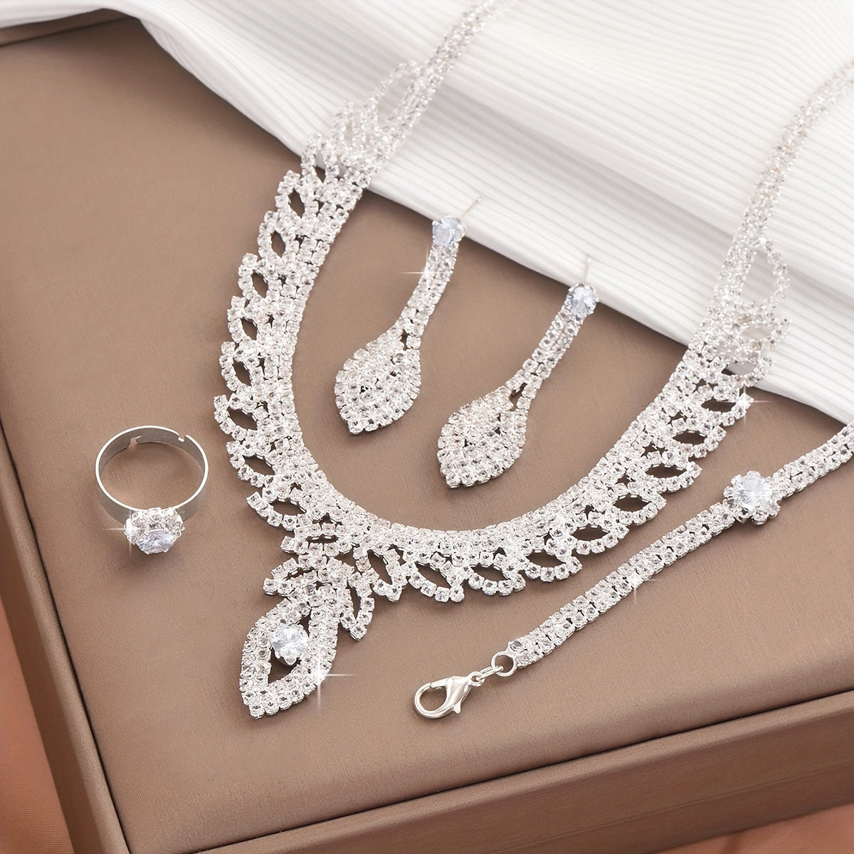 Complete Wedding Jewelry Set for Women - Includes Floral Necklace, Dangle Earrings, Adjustable Bracelet, and Cubic Zirconia Ring. Perfect for Bridal Bridesmaids at Prom or other Elegant Events.