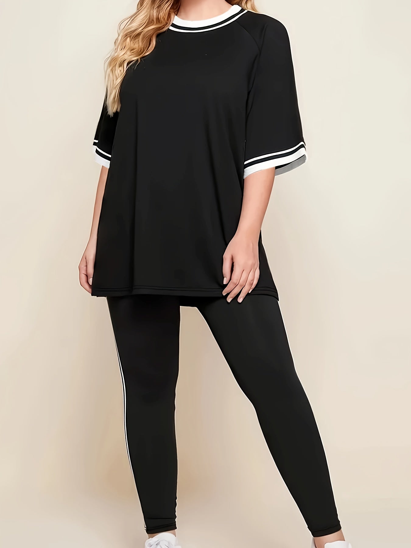 Plus Size Casual Sports Loungewear Set- Striped Print, Soft Polyester & Elastane Blend, Short Sleeve Top with Ruffle Detail, Comfortable Knit Fabric, All-Season Wear for Women, Plus Size.