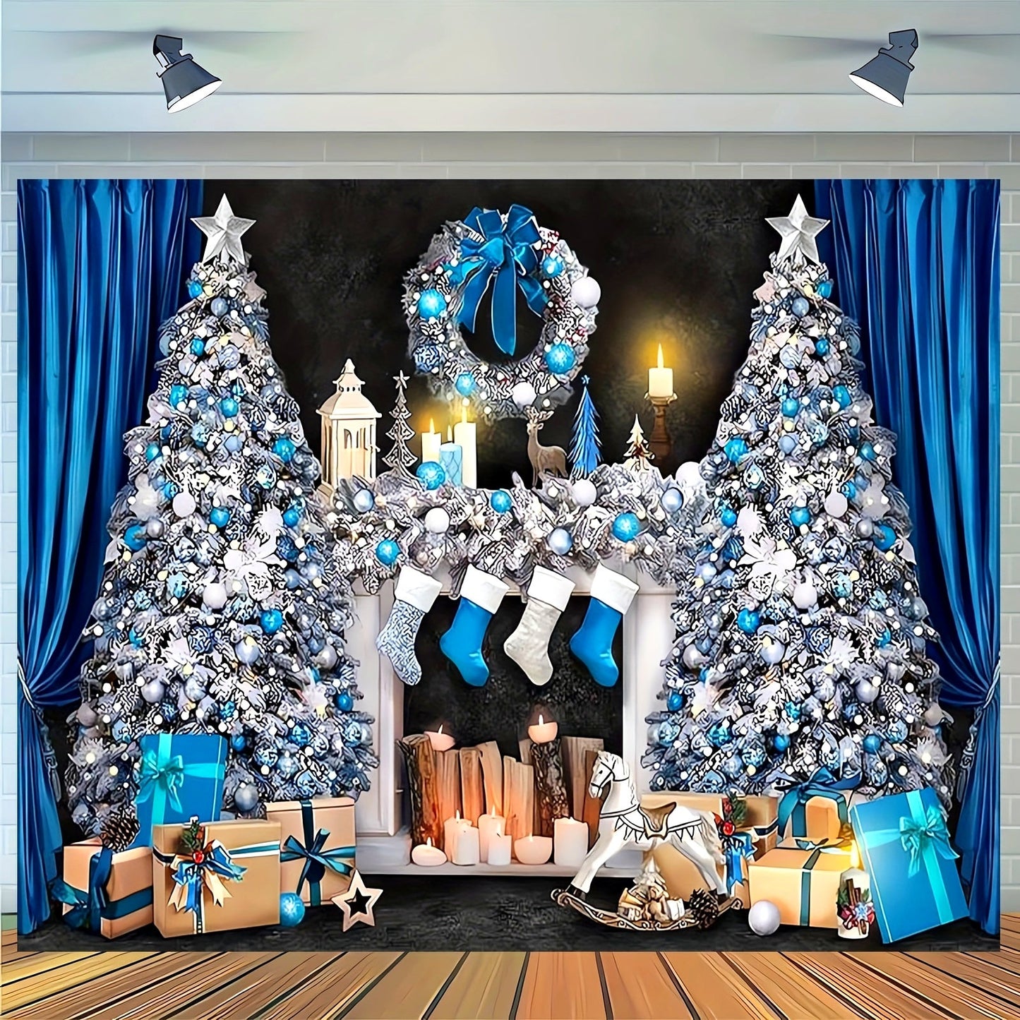 Retro Blue and White Christmas Mantelpiece Scene with Presents and Tree - Ideal for Photo Booths, Events & Decorating Your Home