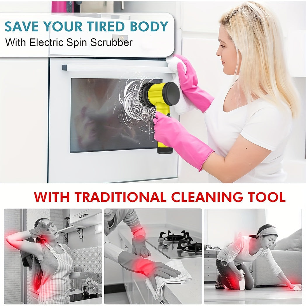 Get your hands on the 1set Electric Rotary Scrubber, a versatile cordless cleaning tool perfect for your kitchen and bathroom. This handheld device comes with 5 replaceable brush heads and a high-speed electric scrubber, making cleaning a breeze. With