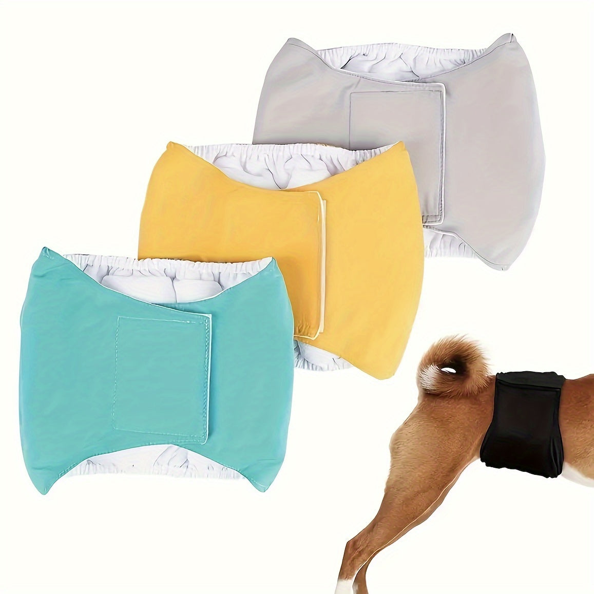 Washable and reusable dog belly band diapers for male dogs. Leakproof with magic tape closure for a comfortable fit. Made of durable blended material. Target species: Dogs.