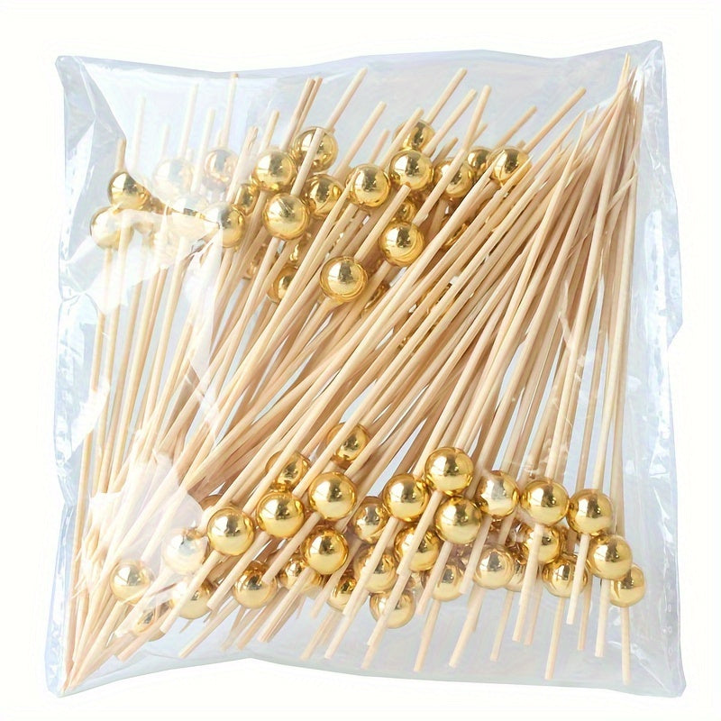 50/30 Bamboo Cocktail Picks with Golden Pearls - Elegant Skewers for Fruit, Cake, Snacks, and Appetizers - Ideal for Parties and Events