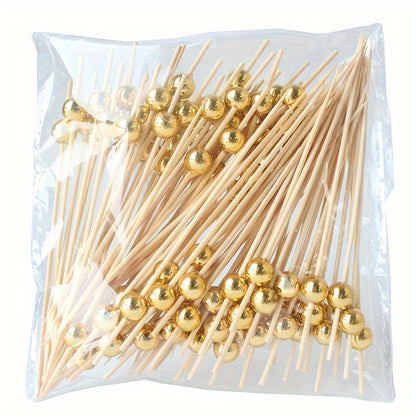 50/30 Bamboo Cocktail Picks with Golden Pearls - Elegant Skewers for Fruit, Cake, Snacks, and Appetizers - Ideal for Parties and Events