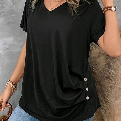 Plus Size V-Neck Button T-Shirt for Women