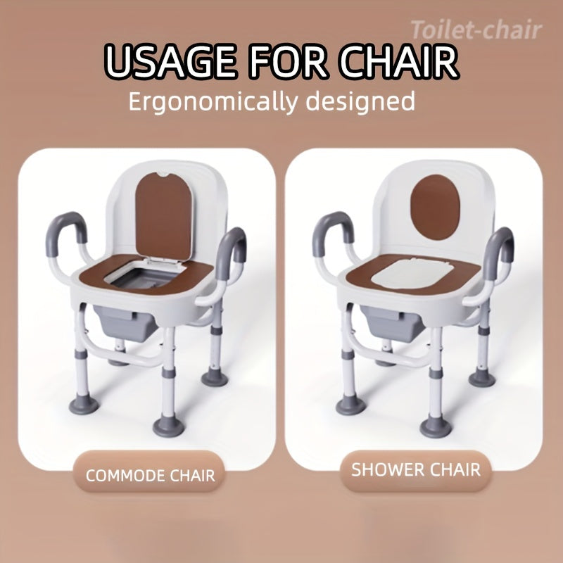 Adjustable medical toilet chair with wide seat, safety rails, and handles for elderly, pregnant women, and disabled individuals.