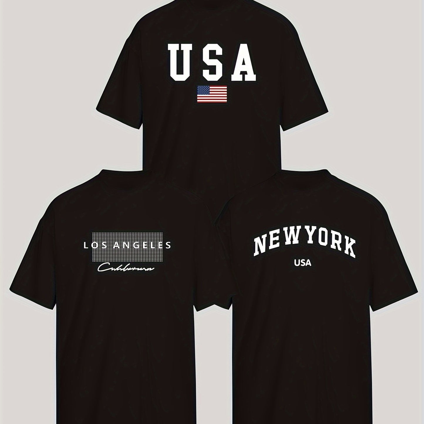 3 Fashion T-Shirts featuring Los Angeles, New York & USA prints - Crew neck, short sleeve tees for men & women. Made of breathable polyester blend, machine washable.