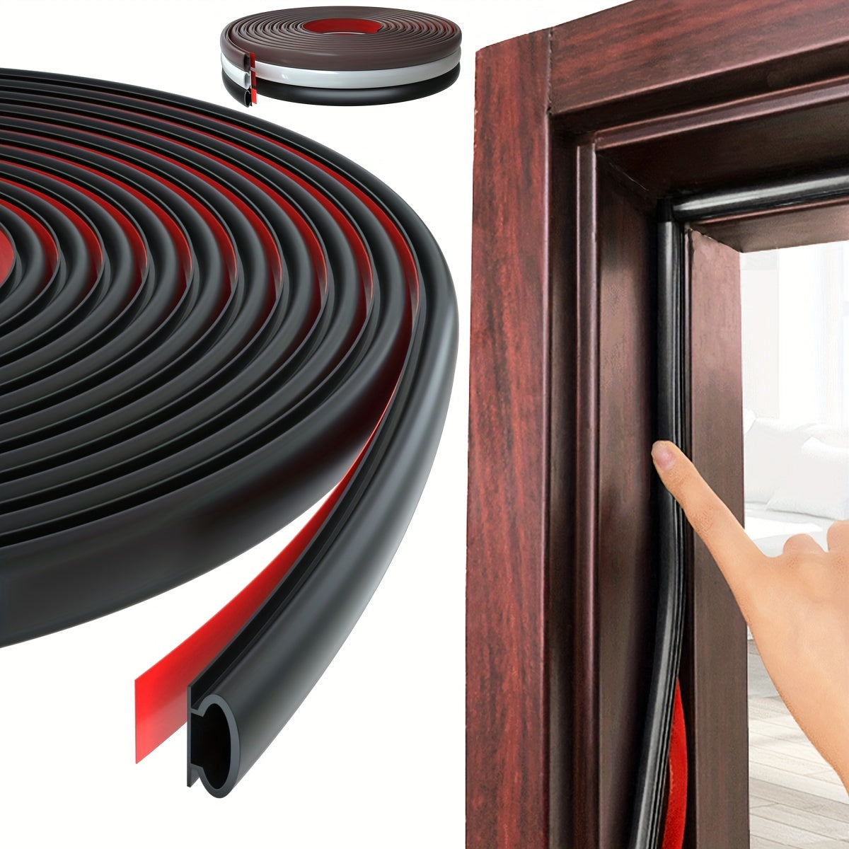 Self-adhesive rubber weather stripping for doors, 10ft length, 2/5in width, available in black, white, or brown. Fire-resistant with multi-function capabilities to seal gaps from 1/10in to