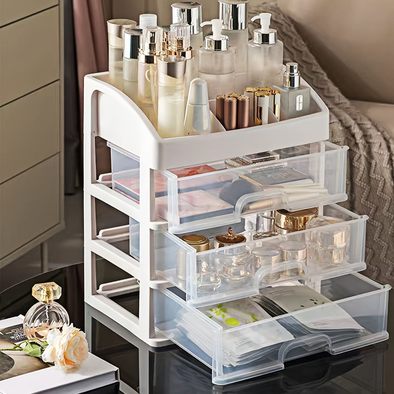 4-Tier Expandable Cosmetic Organizer made of durable PP material with a sleek unfinished design, perfect for bathroom and vanity display. Great for home decor and office desk organization.